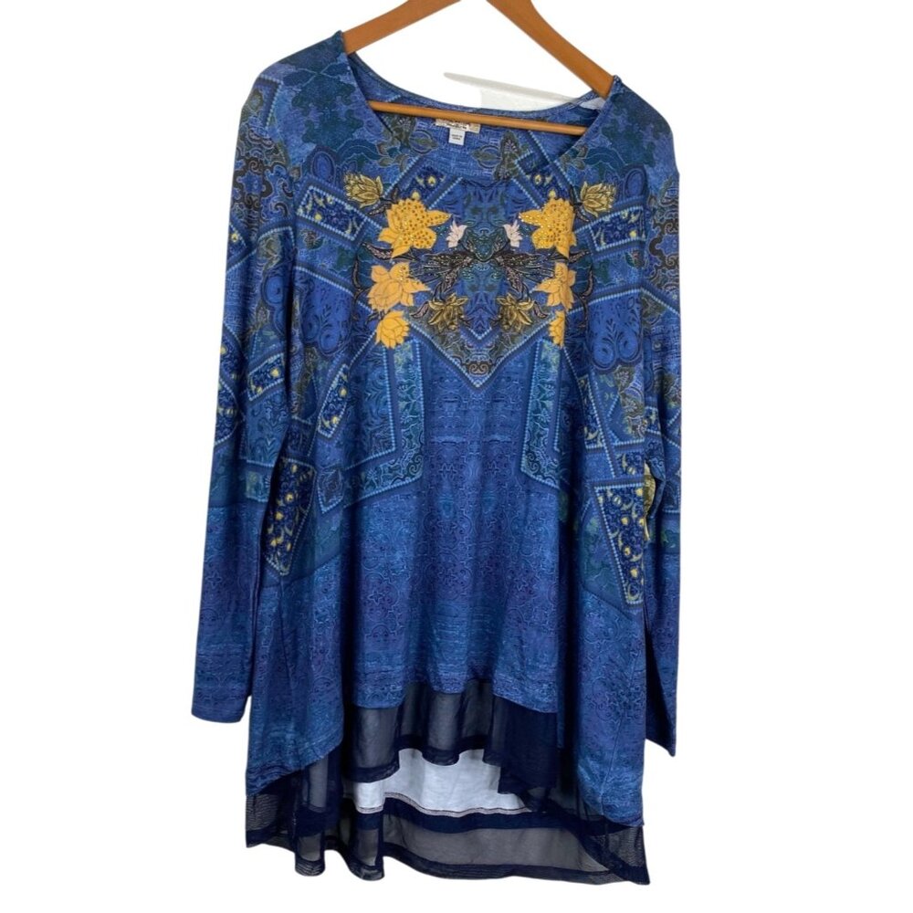 One World Top Women's Tunic Floral Bling Boho Fairy Top Blue Size 3X NWT